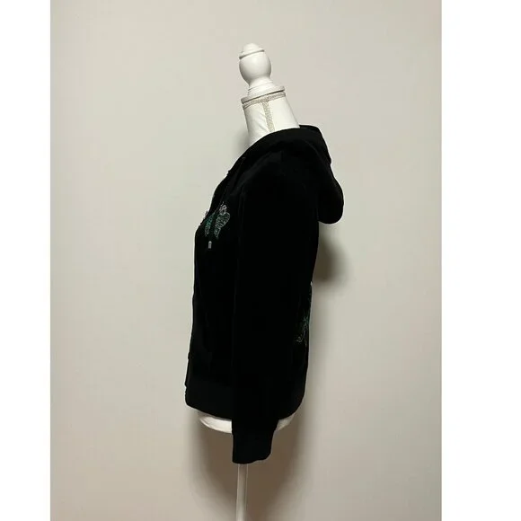 BCBG Maxazria Black Velour Hoodie With Green Butterflies, Size Large, Full Zip - Picture 9 of 13